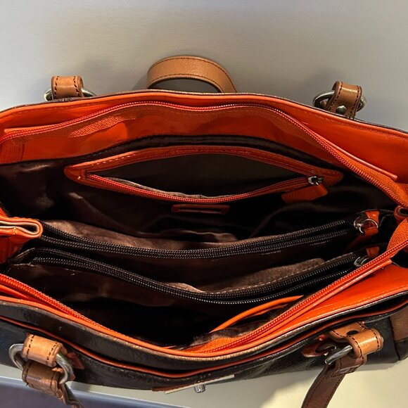 - La Diva Patent  Leather Orange Brown Color Block Handbag, The East/West … - Picture 9 of 17